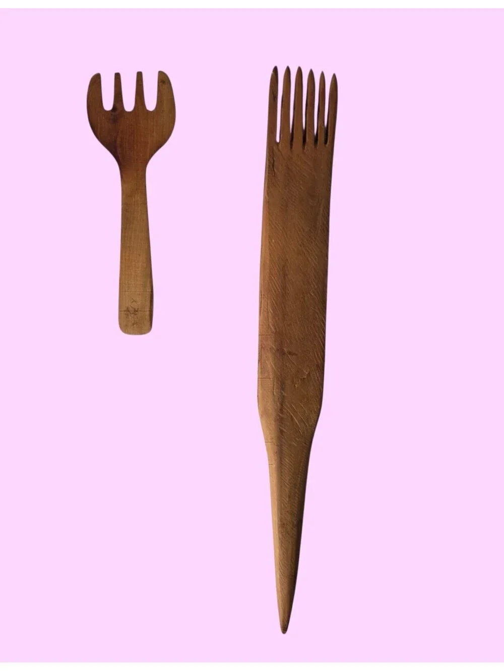 Vintage Hand Carved Wood Salad Serving Forks Set of 2 Rustic Primitive